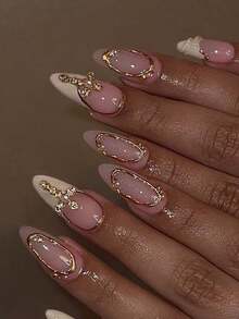24Pcs Long Almond 3D Gel Nails Makes Flower Nails Design French Tip Press On Nails Medium Three-Dimensional Alloy Cross Decoration With Pearl Design Fit Perfectly Acrylic False Nails Set, Include: 1Pc Jelly Glue And 1Pc Nail File, French Almond Tip Nails For Woman Girl Daily Work Festivals Party Use Nail Supplies Nails BRM5 - Nhiều màu - Xem 5