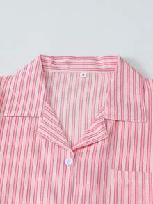 条纹女士短袖长裤泡泡褶睡衣套装 - 粉色 - 查看 2