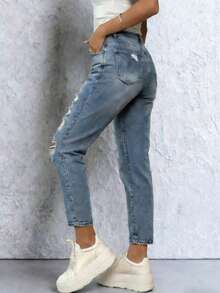 Ripped Mom Jeans, Non-Stretch, Women's Denim Pants, Boyfriend Style, Mom Fit, Casual Daily Wear, Ripped Pockets, Zipper Denim, Spring/Summer Daily - Blue - View 5
