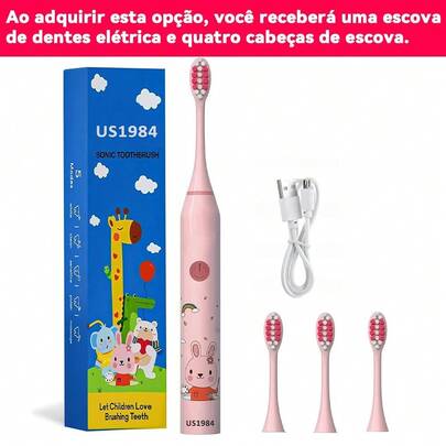 Escova de dentes elétrica sônica infantil 1 a 3 anos 100% impermeável cerdas macias seguras 4 cabeças