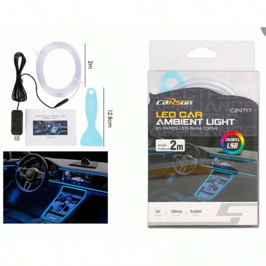 Tira de Luz Neón LED para Interior de Coche C24717 - Kit de Luz Ambiental RGB 2 Metros - Conexión USB y Control Remoto - A - Ver 1