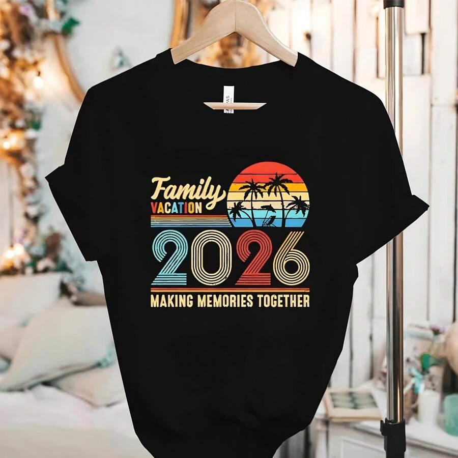 Family Vacation 2026 Retro T-Shirts Vintage Sunset Palm Graphic Tops Fashion & Wo Making Memories Together Vacation Tees - 款式7 - 查看 1