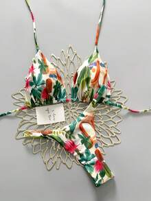 2pcs Casual Cute Elegant Sexy Bohemian Floral Tie-Up Braided Bikini Swimsuit, Beach Vacation, Spring/Summer - Multicolor - View 1