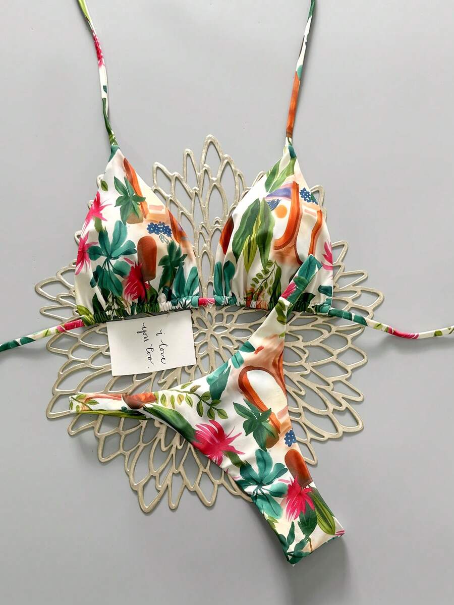 2pcs Casual Cute Elegant Sexy Bohemian Floral Tie-Up Braided Bikini Swimsuit, Beach Vacation, Spring/Summer - Multicolor - View 1