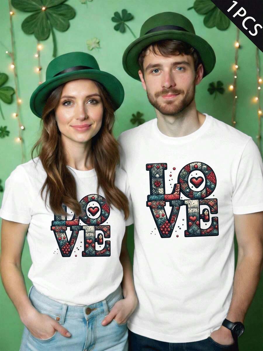 Couple Matching Love Graphic TShirt Round Neck, Relaxed Fit, Street Hip-Hop, Comfort Fit, Graphic Design - MenWhite-1PC - View 1