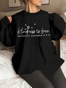 Letter Pattern Printed Casual Long Sleeve Sweatshirt, Pullover, Women's Spring And Autumn Long Sleeve Round Neck Fashion Sweatshirt, Women's Loose And Comfortable Valentine Sweatshirts - 黑色 - 查看 12
