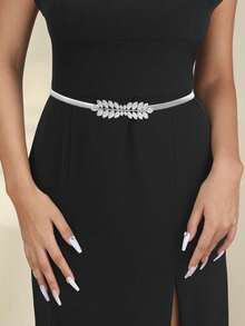 1pc Women's Fashionable & Versatile Gold/Silver Leaf Elastic Waist Belt - Silver - View 11