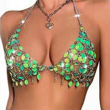 Christmas Summer Beach Sequin Backless Crop Tank Tops For Women Sexy Sparkly Hollow Out Outfit Glitter Bra Tops Festival Rave Body Chain Jewelry Green Tank - như hình - Xem 1