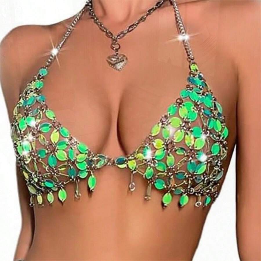 Christmas Summer Beach Sequin Backless Crop Tank Tops For Women Sexy Sparkly Hollow Out Outfit Glitter Bra Tops Festival Rave Body Chain Jewelry Green Tank - như hình - Xem 1