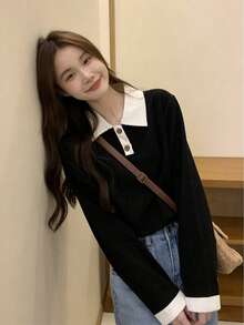 Polo Collar Long Sleeve T-Shirt For Women, Versatile Color Block Casual Top