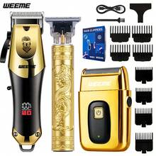 WEEME Juego de aseo eléctrico para hombres de 4 piezas/3 piezas/1 pieza - Incluye cortadora de cabello inalámbrica, tijeras de grabado, recortadora de barba de precisión, recortadora de vello nasal y afeitadora eléctrica, set de carga USB con peine guía, ideal para corte de cabello en casa, afeitado diario y aseo corporal completo. - Dorado - Ver 8