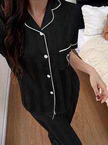 Dreamivo Women's Heart Embroidered Lapel Short Sleeve Top And Pants Pajama Set, Casual Loungewear, Spring/Summer - Black - View 5