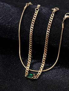2pcs Alloy Green Square Bracelet, Double Layer Round Snake Chain Inlaid With Green Cubic Zirconia, Shiny Men's Fashion Jewelry Suitable For Daily Wear - Yellow Gold - View 4