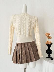 PUMPKIN Simple Everyday Knit V-Neck Cable Knit Long-Sleeve Short Sweater, Sweet Preppy Style, Beach Vacation Swimwear, Spring Valentine's Day Party Pullover Women's Clothing - Beige - View 2