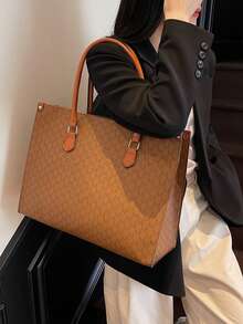 Retro Large Capacity Tote Bag, PU Leather Texture Shoulder Bag, Casual Multi-Purpose Commuter Bag - Brown - View 4