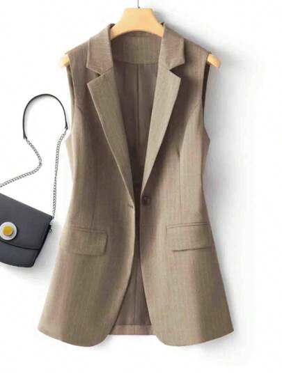 Chaleco blazer regular de mujer con parche a rayas, de un solo botón, unicolor con bolsillo y botón para uso de oficina