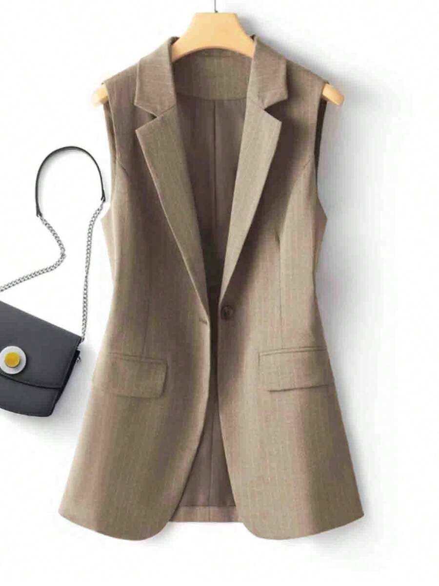 女士条纹拼接单扣常规款西装背心，纯色口袋纽扣，适合春季办公室穿着 - 卡其色 - 查看 1