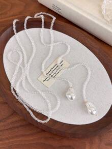 1pc French Retro Unique Asymmetric Pearl & Black Crystal Necklace, Multi-Wear Collarbones Chain, Ins Style Women Necklace - Necklace - View 11