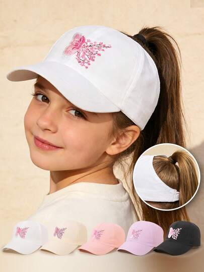 1顶女童蝴蝶刺绣马尾辫棒球帽，透气轻薄速干防晒帽，适合户外活动