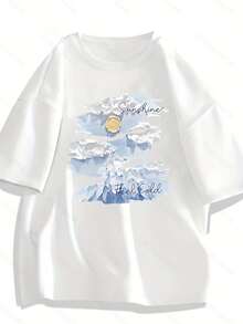 Pure Summer Snow Mountain Printed Short-Sleeved T-Shirt For Women Round Neck Korean Style Loose College Style Street Casual Versatile Top - 白色1 - 查看 1