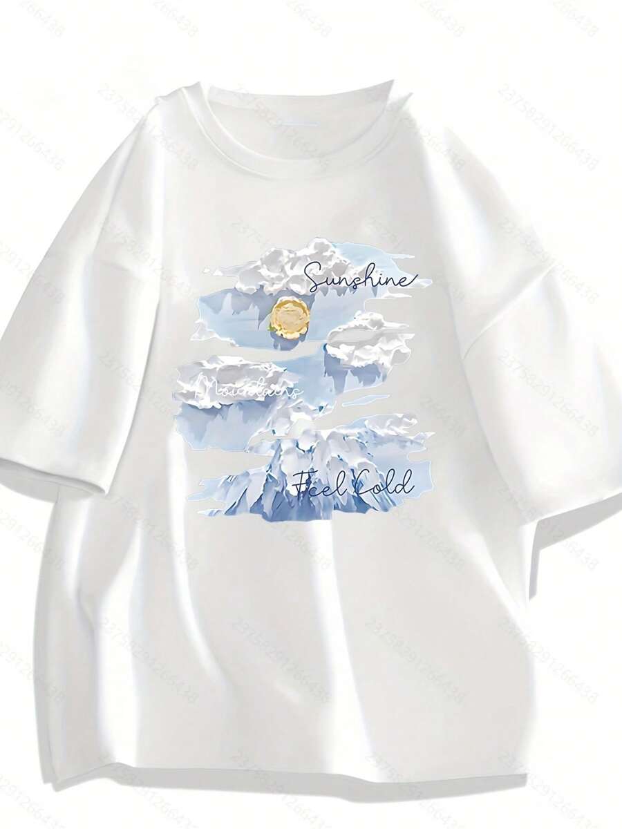 Pure Summer Snow Mountain Printed Short-Sleeved T-Shirt For Women Round Neck Korean Style Loose College Style Street Casual Versatile Top - 白色1 - 查看 1