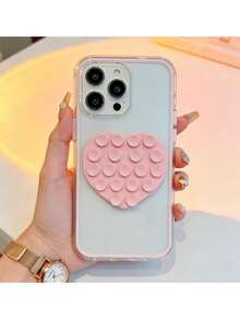 1pc New Ins Style Transparent 2-In-1 Full Cover Pink Shell + Heart-Shaped Suction Cup Stand Back Sticker Dual-Sided Silicone Cute Anti-Slip Korean Minimalist Fashion Phone Case, Shockproof Protection Compatible With IPhone 17 Pro Max/17 Pro/17 Air/17/16 Pro Max/16 Plus/16Pro/16/15 Pro Max/15 Pro/15/14 Pro Max/14Pro /14/13Pro Max/13Pro/13/12Pro Max/12Pro/12/11Pro Max/11 - Pink + Suction Cup - View 2