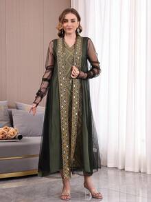 2pcs Heavily Beaded Embroidered Dress Set With Underskirt, Elegant Arabic Women's Dress, V-Neck, New Release, High-End Dignified Style, 2026 New Ramadan Traditional - Green - View 7