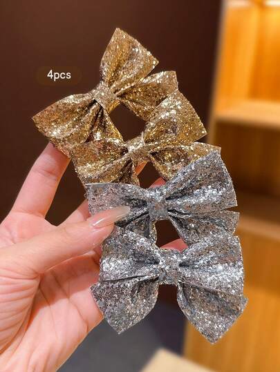 4pcs Gold & Silver Bowknot Hair Clips, Sweet Style Hair Accessories Suitable For Daily Use