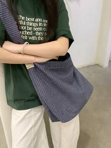 Lightweight Large Capacity Canvas Tote Bag, Fashionable Plaid Fabric, Casual College Style, Suitable For Middle/High School/University Students, Foldable Bucket Bag, Cute & Sweet Crossbody Bag - Multicolor - View 9