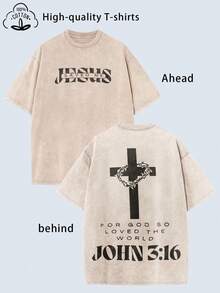 Heavyweight, Multi-Color Distressed Washed T-Shirt With "JESUS SAVED ME" Printed On The Front And A Cross And "JOHN 3:16" Bible Verse On The Back. Y2K Style, Breathable And Comfortable For Summer Wear, Suitable For Everyday Casual Wear. Unisex, Regular Fit, Soft And Skin-Friendly, Won't Deform After Washing. Multiple Colors And Sizes Available. Sends The Goods Within 48 Hours. - 杏色 - 查看 1