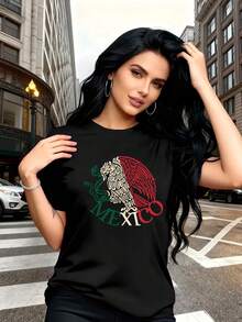 Camiseta de cuello redondo con estampado de emblema nacional de colores de la bandera mexicana de estilo simple, adecuada para personas que buscan un estilo personalizado y natural, se puede usar sola para salidas diarias, combinada con chaquetas, en capas para un look en capas, adecuada para viajes y vacaciones, deportes casuales,  sin ataduras, conjuntos de hermanas, adecuada para varios escenarios de estilo. - Negro - Ver 4