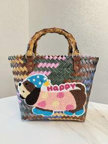 1 pieza Bolso tejido a rayas retro de salchicha, bolso de mano, bolso de tela, bolso de mano para mujer, bolso de playa - Multicolor - Ver 8