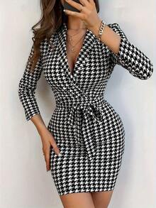 2026 New Summer Casual Women's Elegant Dress - Mid-Length Sleeve V-Neck Houndstooth Print Party Valentine's Day - Black - View 7