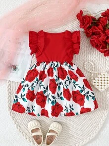 Baby Girls' Vintage Contrast Color Ruffle Hem Rose Print Cap Sleeve Dress, Cute & Stylish - Red - View 3