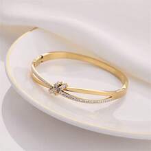 1pc Fashionable Elegant Rhinestone Stainless Steel Criss-Cross Bow Bangle Bracelet, Suitable For Women's Daily Wear, Random Rhinestone Placement - Yellow Gold - View 6
