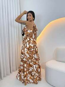 Women's Long Dress With Butterfly Knot - 棕色印刷 - 查看 2