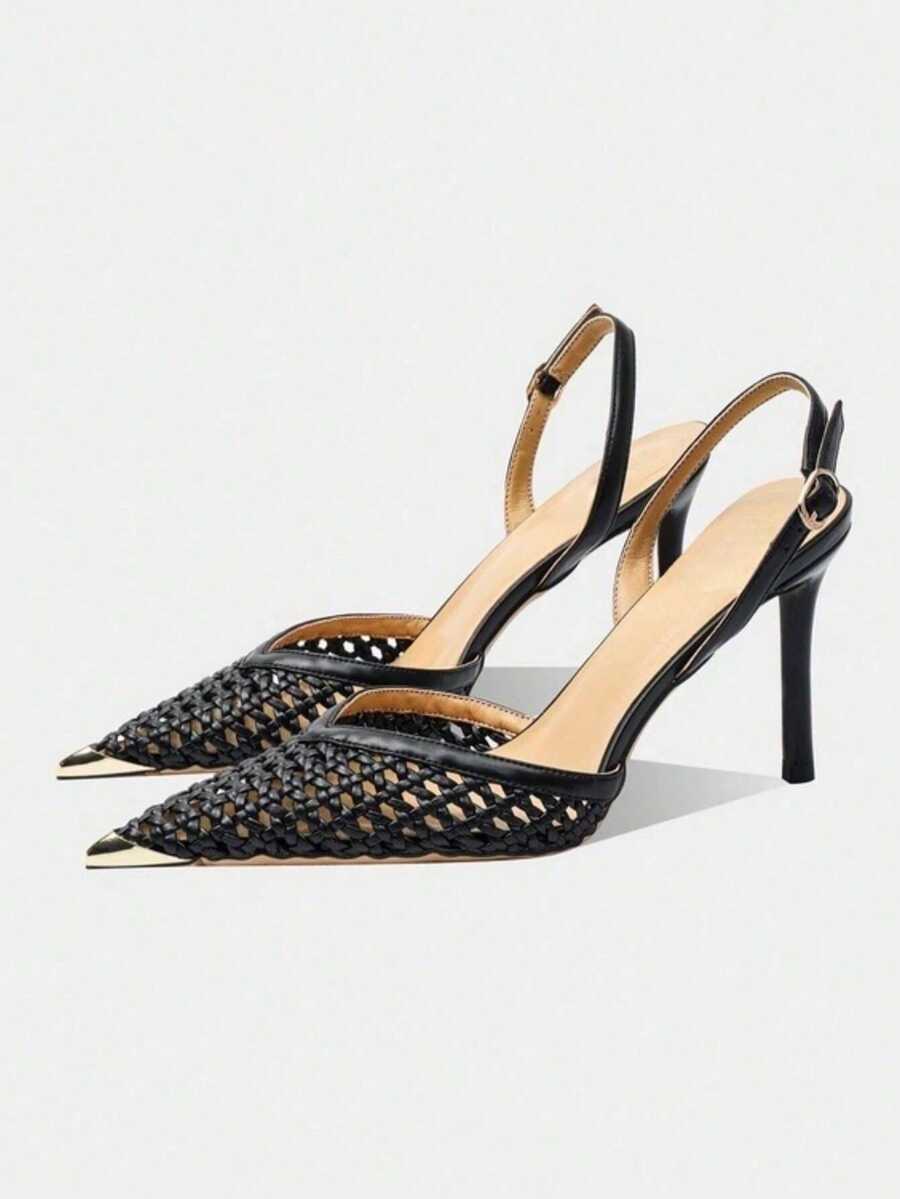 Sexy Rhinestone Fishnet Black Mesh High Heels, Unique Design, Pointed Toe, Suitable For Evening Gowns - Black - View 1