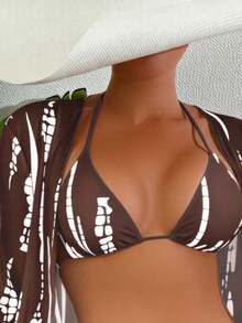 3件套性感印花女士比基尼泳衣，夏季热门泳装度假沙滩装 - 棕底白 - 查看 3