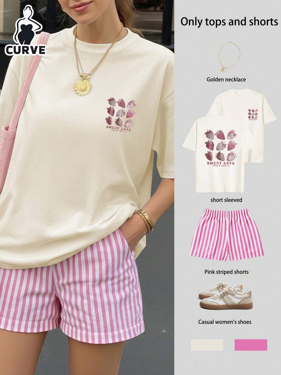 Plus Size Strawberry Print Short Sleeve Top And Striped Print Shorts Set Elegant - Apricot - View 1