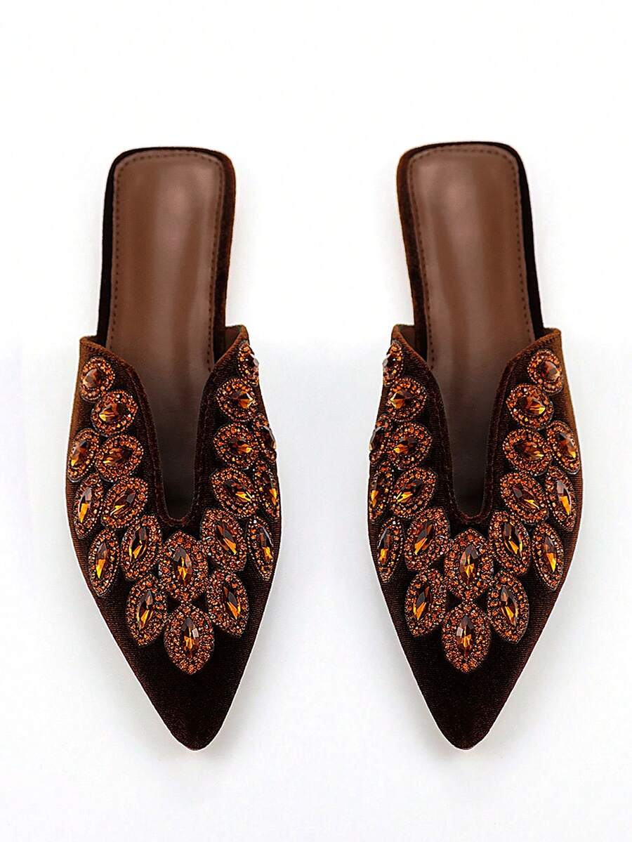 Giày bệt nữ sang trọng, đính đá và ngọc trai toàn thân, màu nâu nhung, mũi nhọn, kiểu dáng chữ U, thoải mái, phù hợp cho cả đi hàng ngày và dự tiệc. - màu nâu - Xem 1