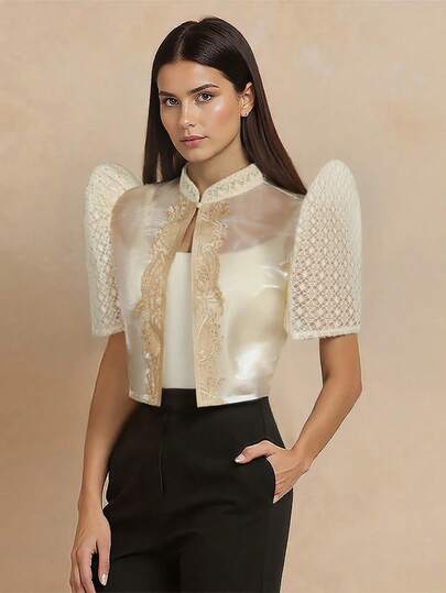 Blusa filipiniana moderna con mangas de mariposa, patrón de diamante y tejido para mujer, ideal para vacaciones, universidad, oficina, vida diaria, citas, viajes, primavera/verano