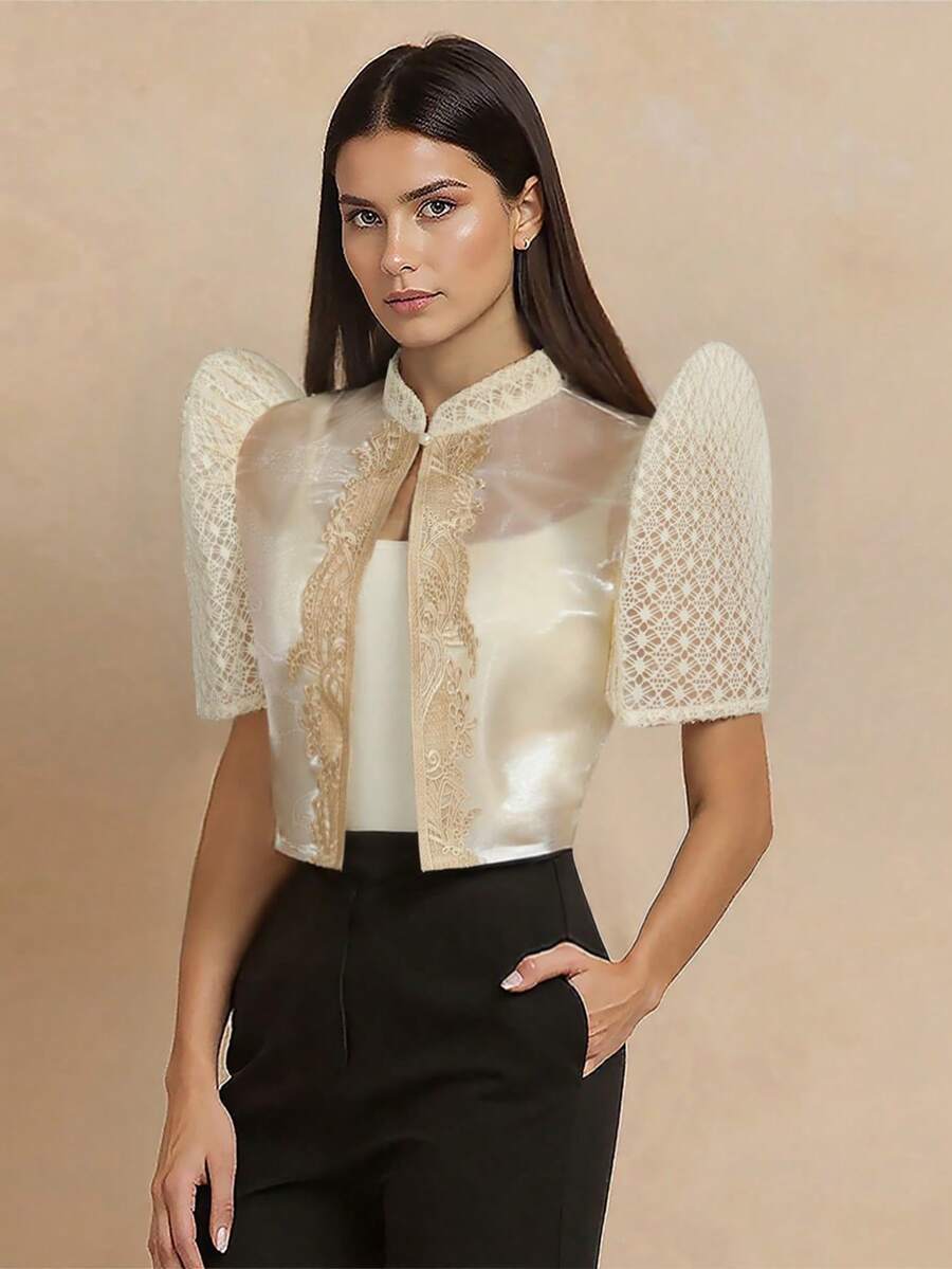 1件Emmi Leisure现代菲律宾服装上衣，蝴蝶袖菲律宾菱形图案针织女式短袖开衫，适合度假、上学、旅行、工作、日常生活、约会、旅行、春夏穿着。 - 香檳色 - 查看 1