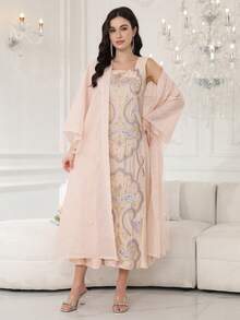 2026 New Style Elegant Embroidered Beaded Arabic Women's Dress, Jalabia Dress With Square Neck, Long Sleeve, Pink Outerwear, Fashion Fresh Ladylike - Pink - View 8