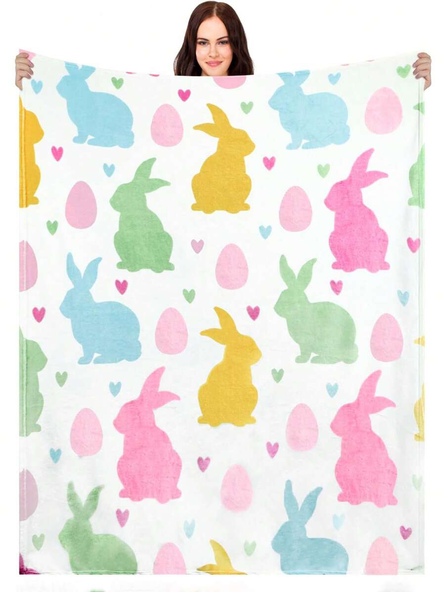 Easter Blanket Spring Bunny Rabbit Eggs Soft Flannel Colorful Decorative Throw Blanket Holiday Square Birthday Gift For Easter Home Couch Sofa Bed Room - Multicolor - View 1