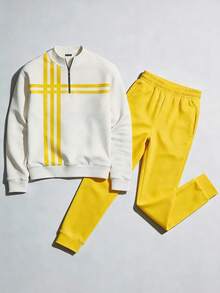 Men's Versatile Color Block Striped Half-Zip Stand Collar Long Sleeve Sweatshirt + Solid Casual Pants Set, Multiple Colors - Yellow - View 2