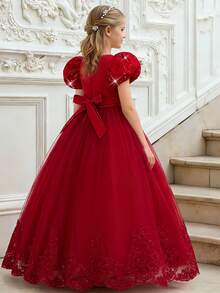 Váy dự tiệc lưới thêu hoa cho bé gái, thích hợp cho tiệc tùng, sinh nhật, không kèm băng đô - Màu Đỏ Sâu - Xem 4