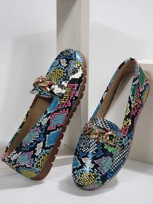 2025 Spring/Autumn/Summer Snake Skin Pattern Gold Chain Women's Fashion Casual Versatile Comfortable Breathable Soft Bottom Flat Shoes - Green - View 9