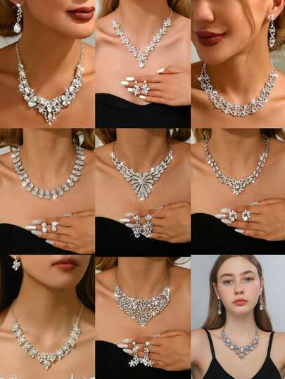 女士时尚首饰三件套 - 耳环 + 项链，采用波西米亚风格和闪亮水钻，高端时尚首饰套装，非常适合派对/送礼（多种款式可选）