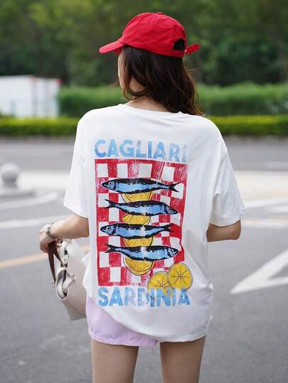 沙丁鱼罐头食品夏季海滩装扮图案，女士休闲加大码宽松圆领短袖T恤，加大码T恤