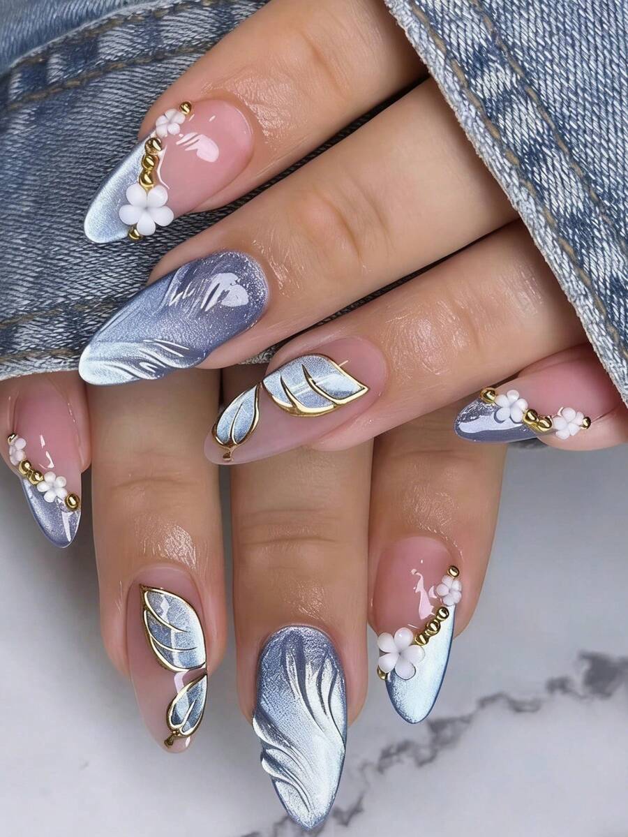 24pcs 3D Butterfly & Floral Striped Embossed Silver False Nails, Y2K Style Nail Art Supplies - Silver - View 1